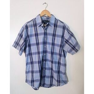 Ralph Lauren Polo Shirt Men Large Custom Fit Short Sleeve Blue Plaid Button Down
